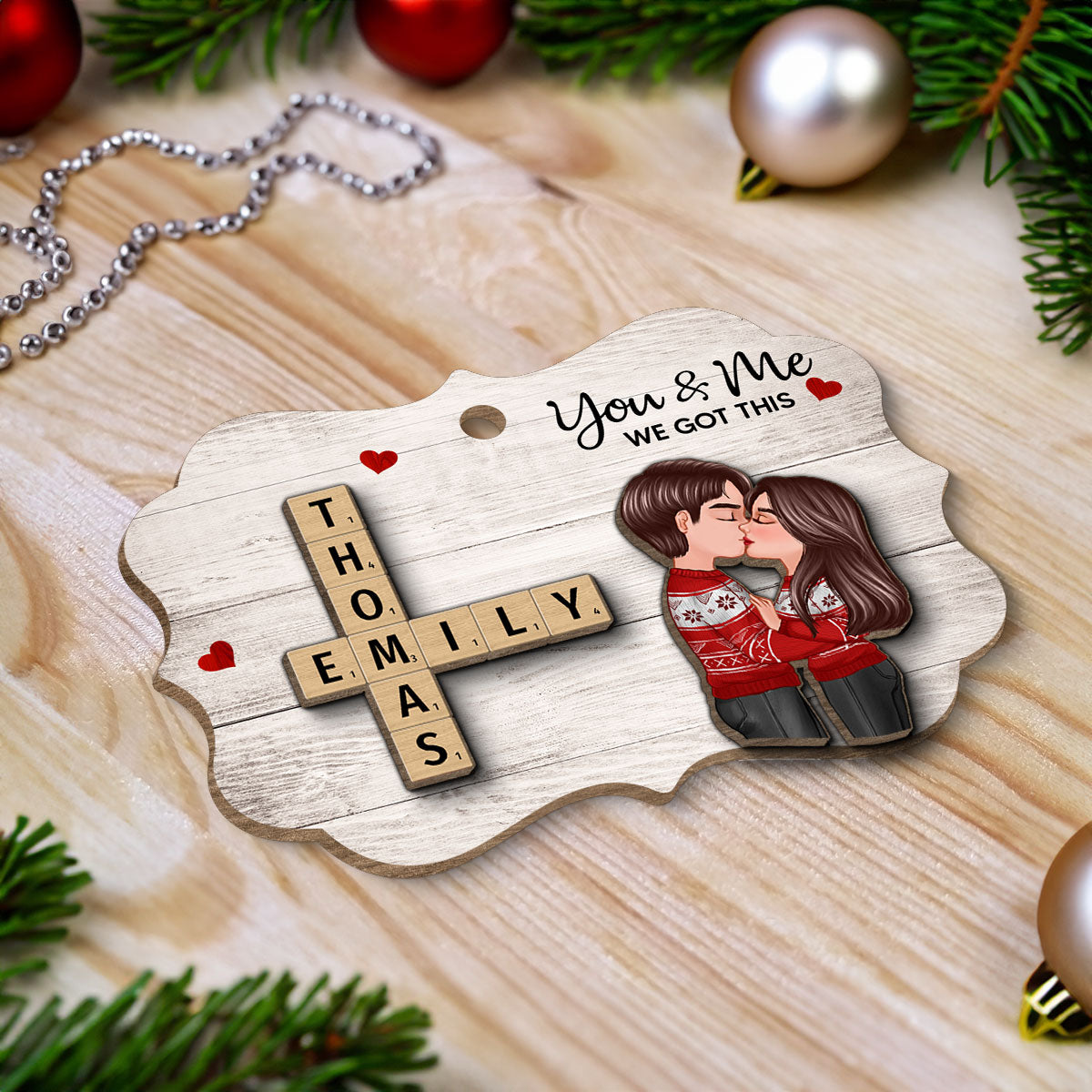 You & Me We Got This Couple Hugging Kissing Crossword Puzzle Art Personalized 2-Layer Wooden Ornament