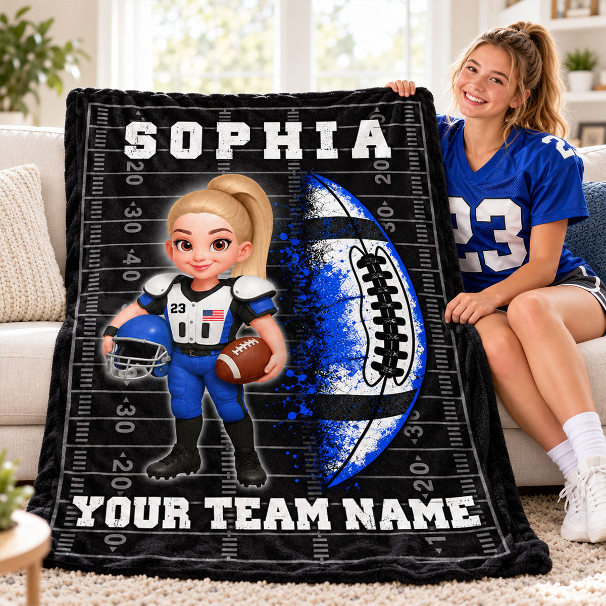 Strong American Football Player Custom Name And Team Name - Personalized Fleece Blanket - Christmas Gift For American Football Players, Grandson, Son