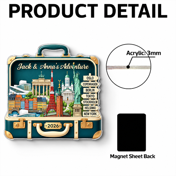 Custom Travel Adventure Suitcase 2D Flat Printed - Personalized Acrylic Fridge Magnet - Traveling Destination Keepsake, Christmas Gift For Traveling Lovers