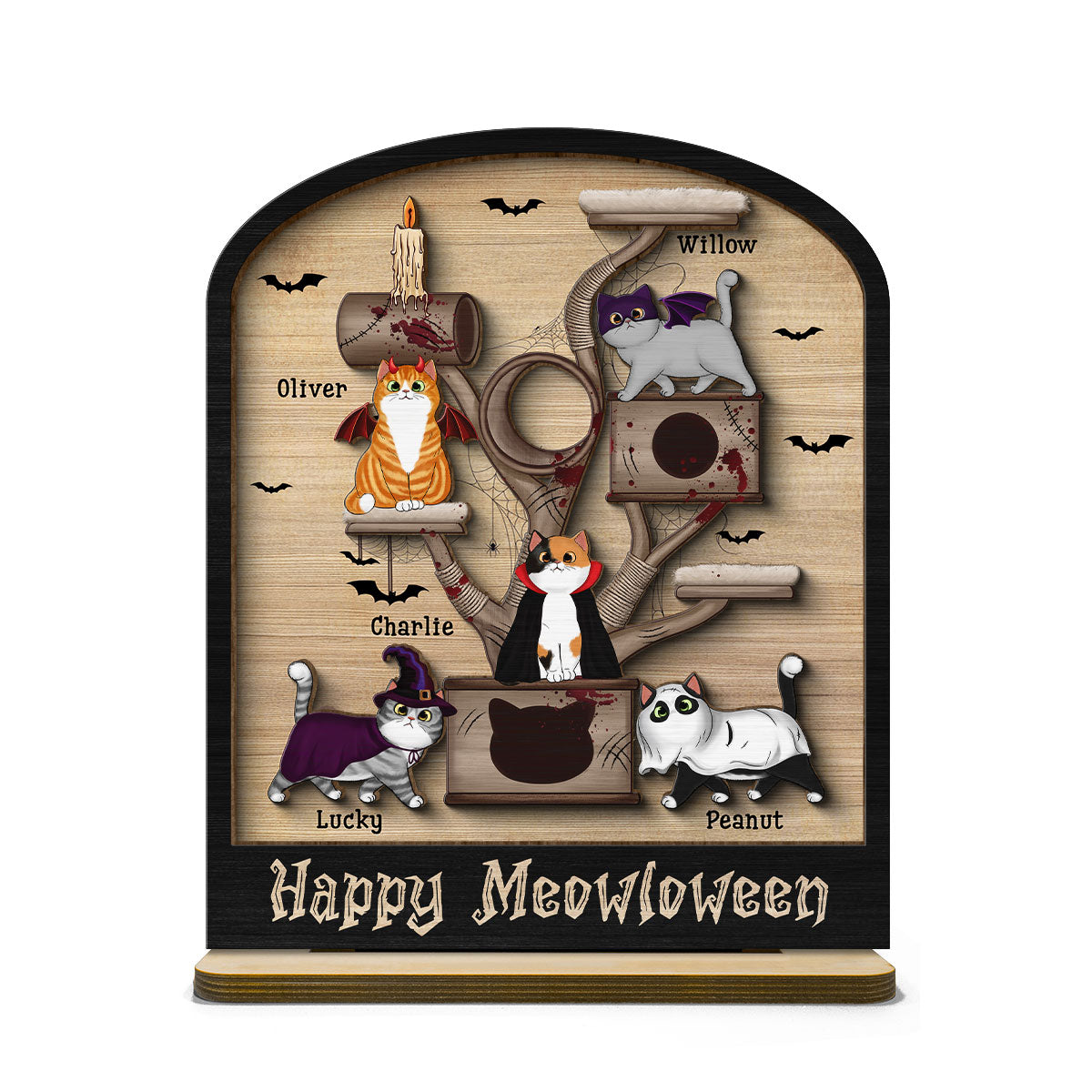 Halloween Cat Tree Cat Lover Tier Tray Decor Personalized 2-Layer Standing Wooden Plaque