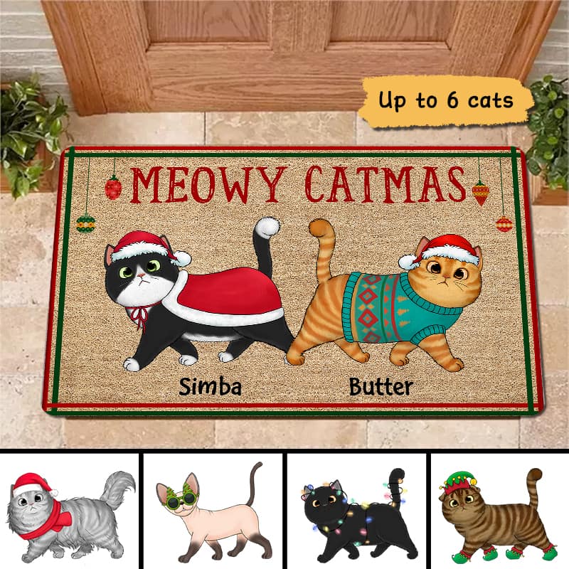 Meowy Catmas Cat Lover Gift Simple Christmas Personalized Doormat