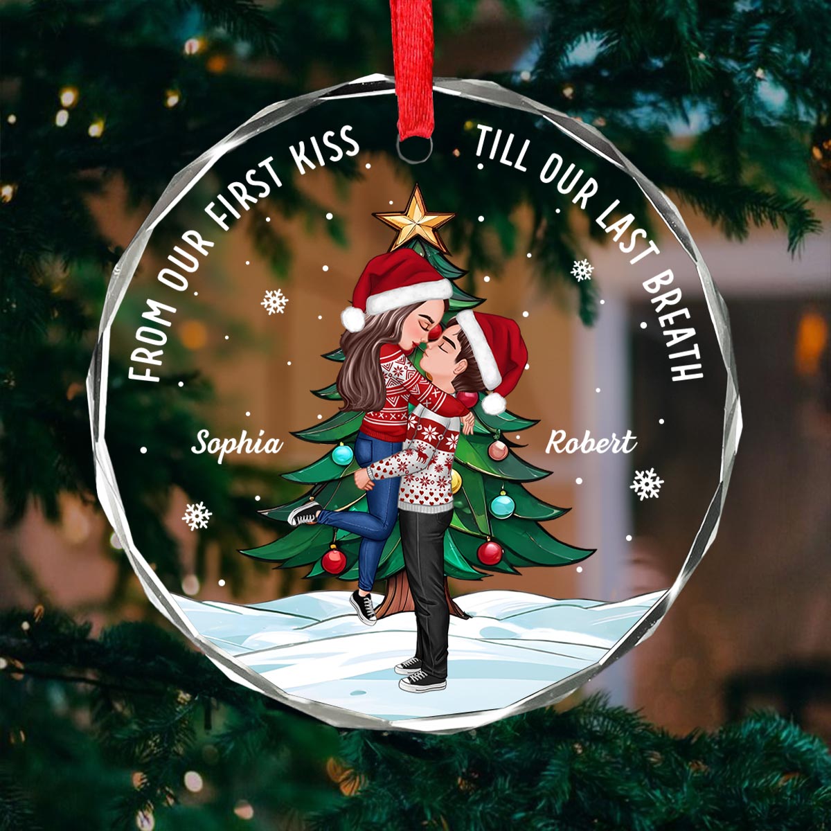 Couple Hugging Kissing Christmas Tree Personalized Glass Ornament, Christmas Gift For Him, For Her