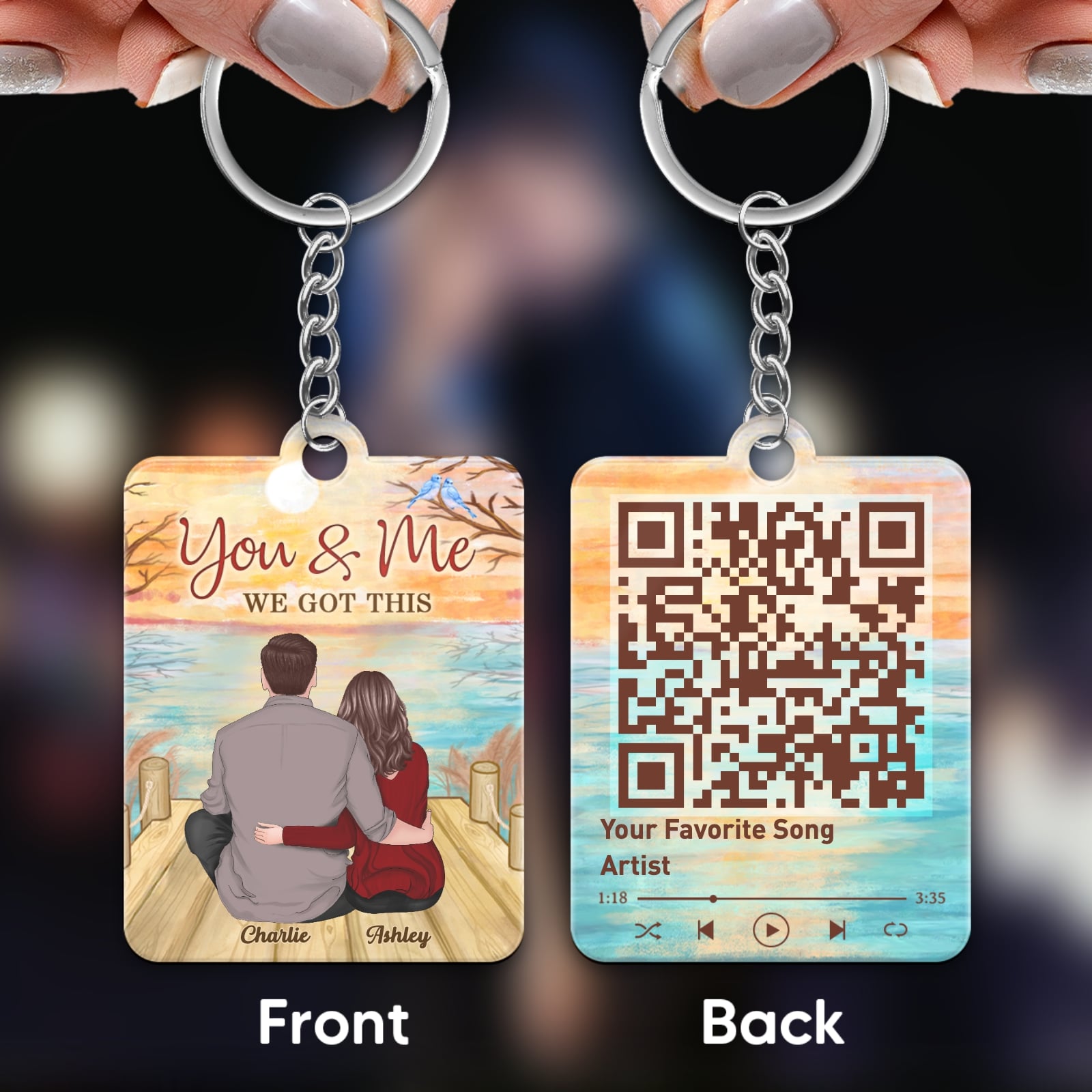 Back View Couple Sitting On Bridge Reflection Lake Favorite Song Scannable QR Code Personalized Acrylic Keychain