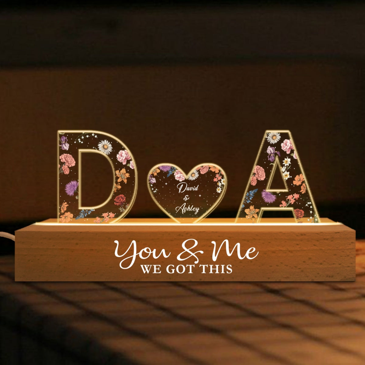 Couple Initials Floral Theme - Personalized Acrylic Block Plaque LED Night Light - Gift For Her, Gift For Him