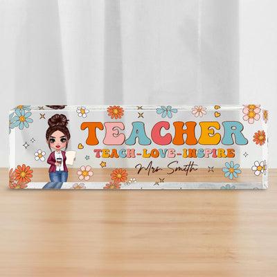 Teacher Groovy Flower Personalized Acrylic Desk Name Plate, Gift For Teacher, Office Decor