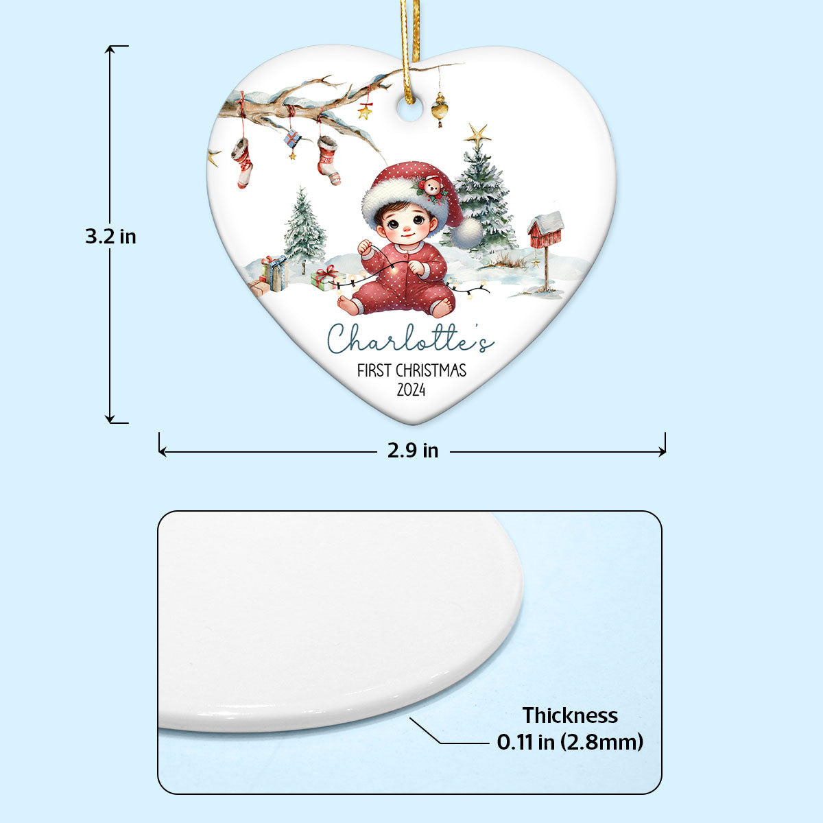 Watercolor Woodland Baby's First Christmas Personalized Heart Shaped Ceramic Ornament, Christmas Gift Keepsake for New Mom New Dad