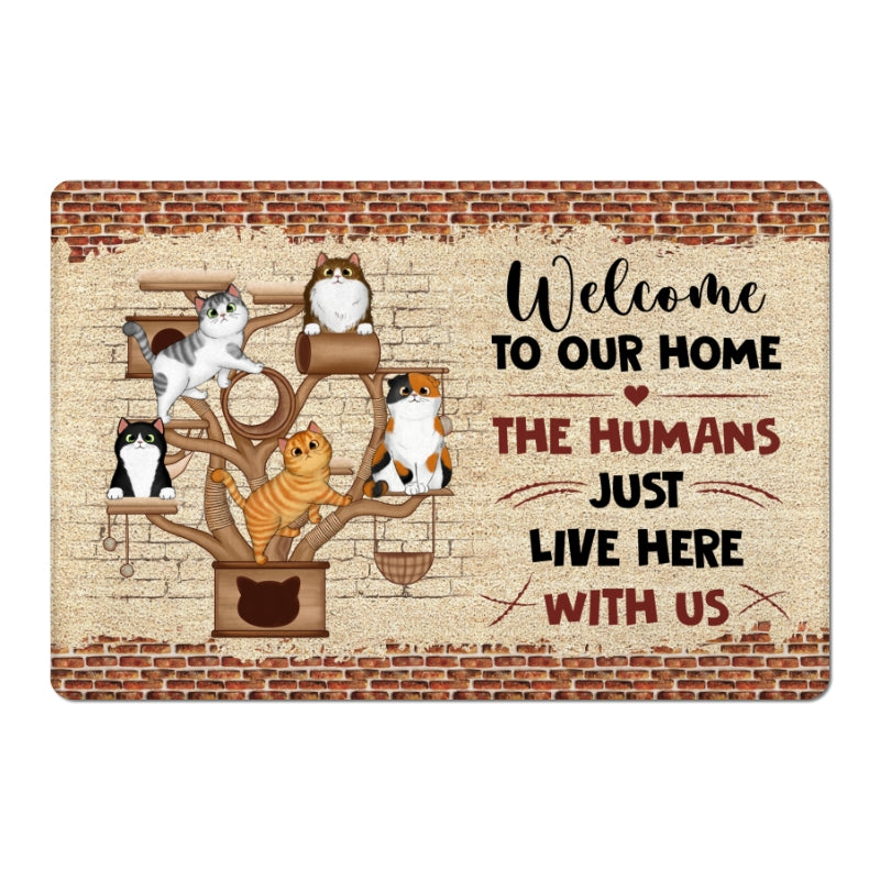 Cat Tower The Humans Just Live Here With Us Personalized Doormat