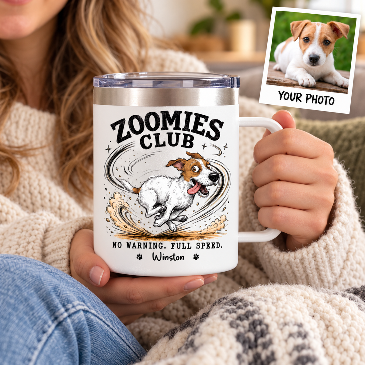 Zoomies Club Official Member Quirky Dog Portrait From Your Custom Pet Photo - Personalized Stainless Steel Tumbler With Handle - Funny Gift For Dog Cat Lover