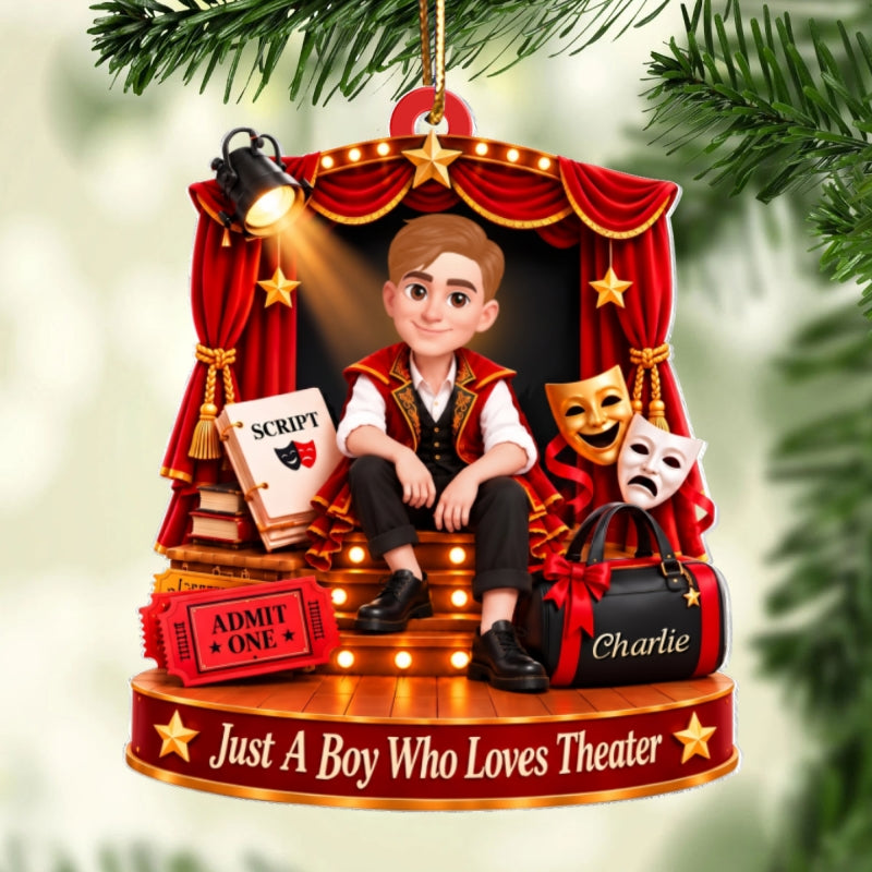 Just a Boy Who Loves Theater - Personalized Acrylic Ornament - Christmas Gift for Son, Grandson