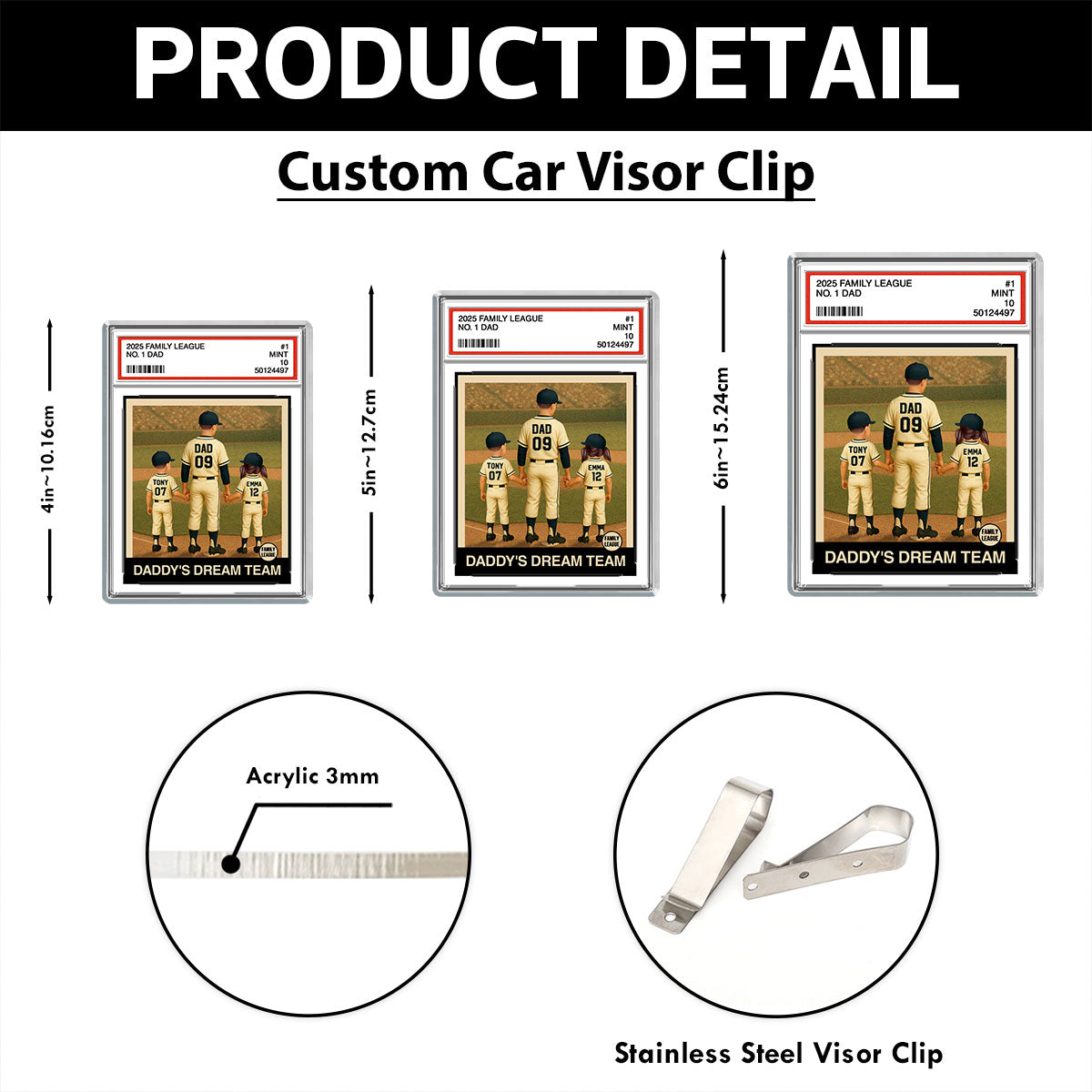 Baseball No. 1 Dad Man & Kids Trading Card Style Personalized Acrylic Car Visor Clip