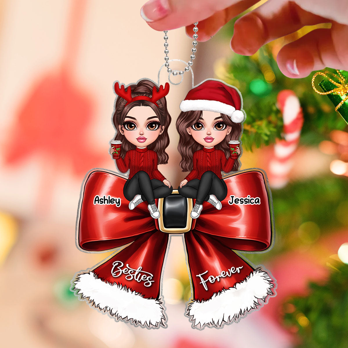 Christmas Red Coquette Bow Best Friends Personalized Acrylic Ornament, Christmas Gift For Besties