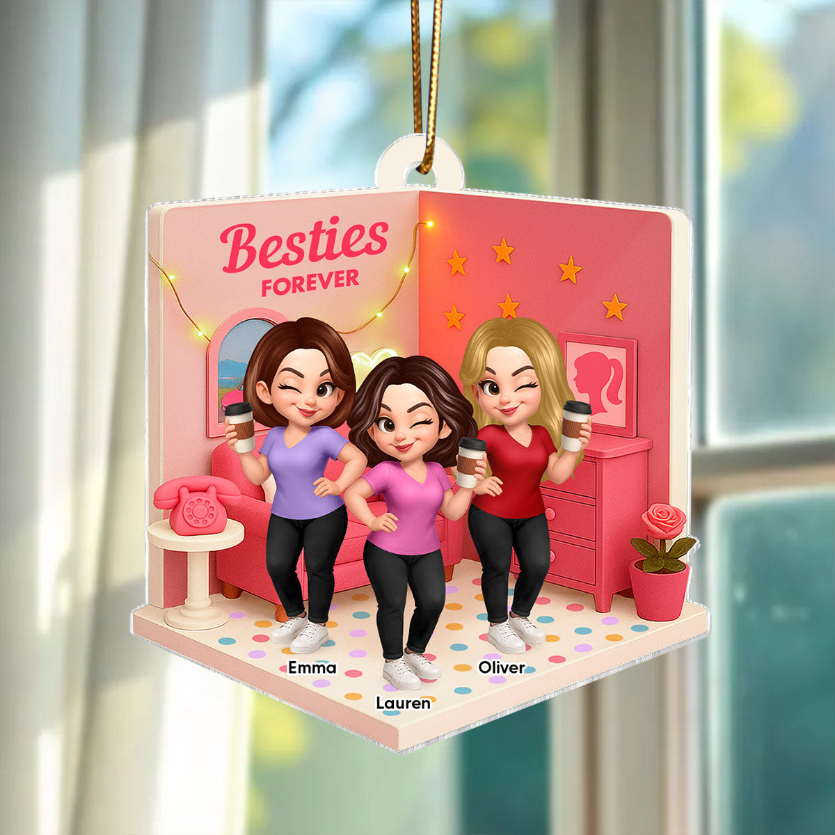 Pink Besties Sisters 3D Effect In House Personalized Acrylic Ornament