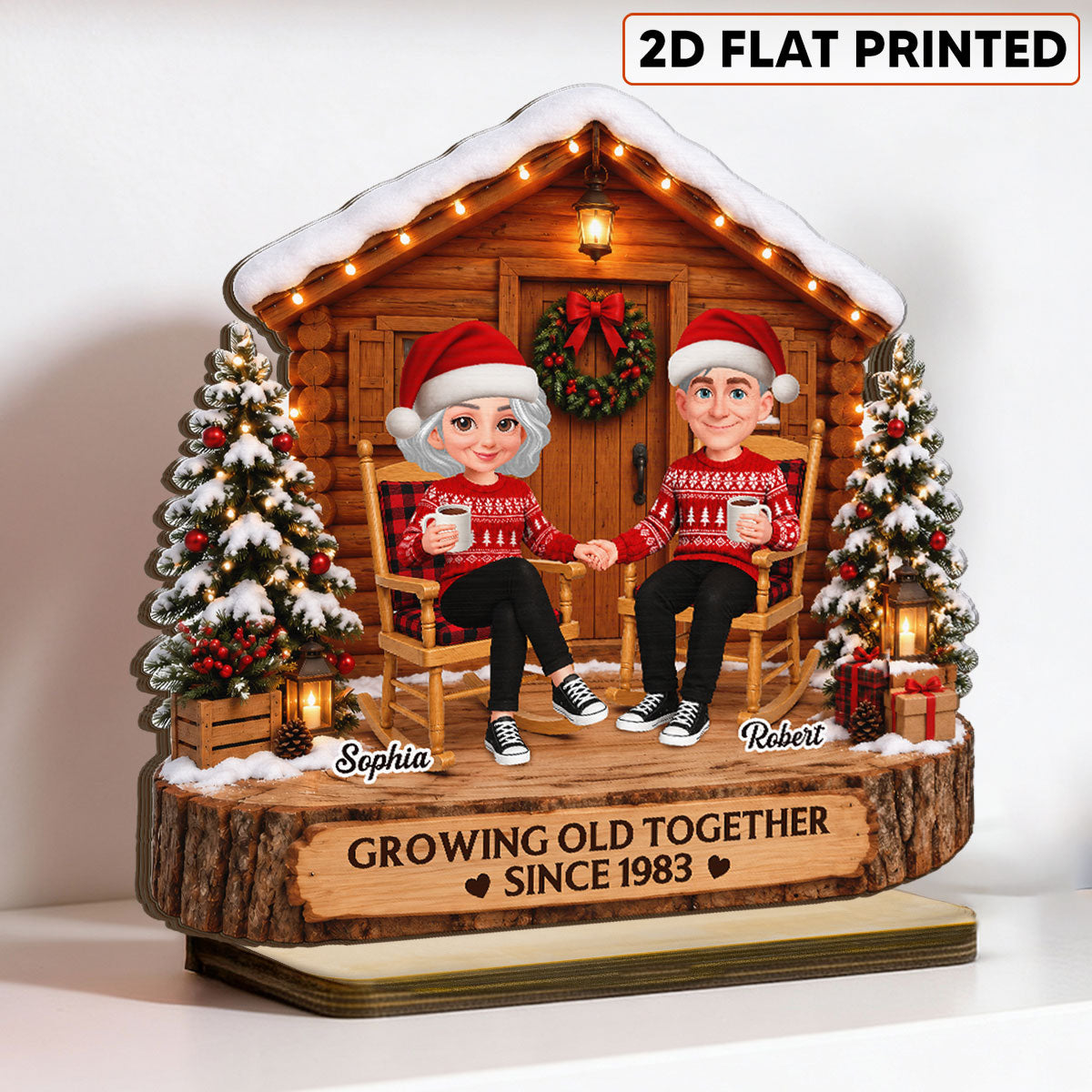 Eternal Love Couple Growing Old Together Wood Cabin House - Personalized 2-Layered Wooden Plaque - Christmas Gift, Anniversary Gift For Couple, For Him, For Her, Christmas Tabletop Decor