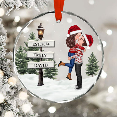 Couple Hugging Kissing By Christmas Vintage Family Lamp Post Signs Personalized Glass Ornament, Christmas Decoration, Christmas Gift For Him, For Her