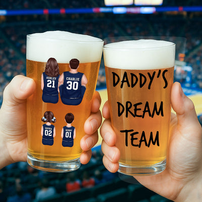 Daddy's Dream Team Basketball Personalized Beer Glass, Father's Day Gift for Dads