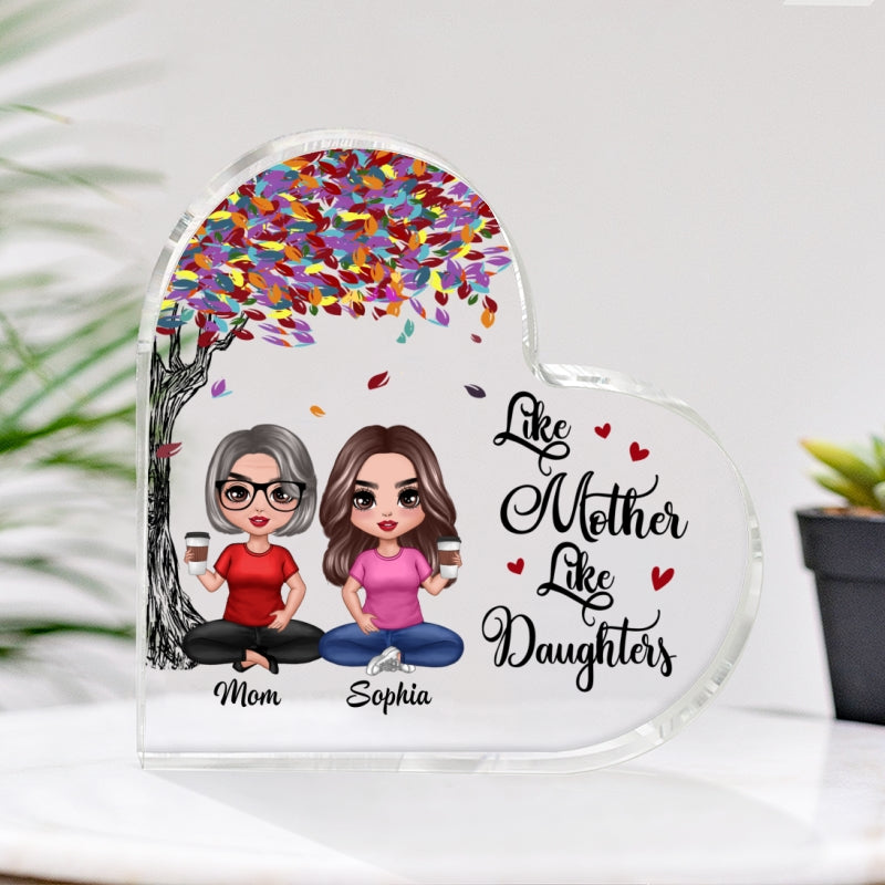 Doll Mom And Daughters Sitting Under Colorful Tree Personalized Heart Acrylic Plaque