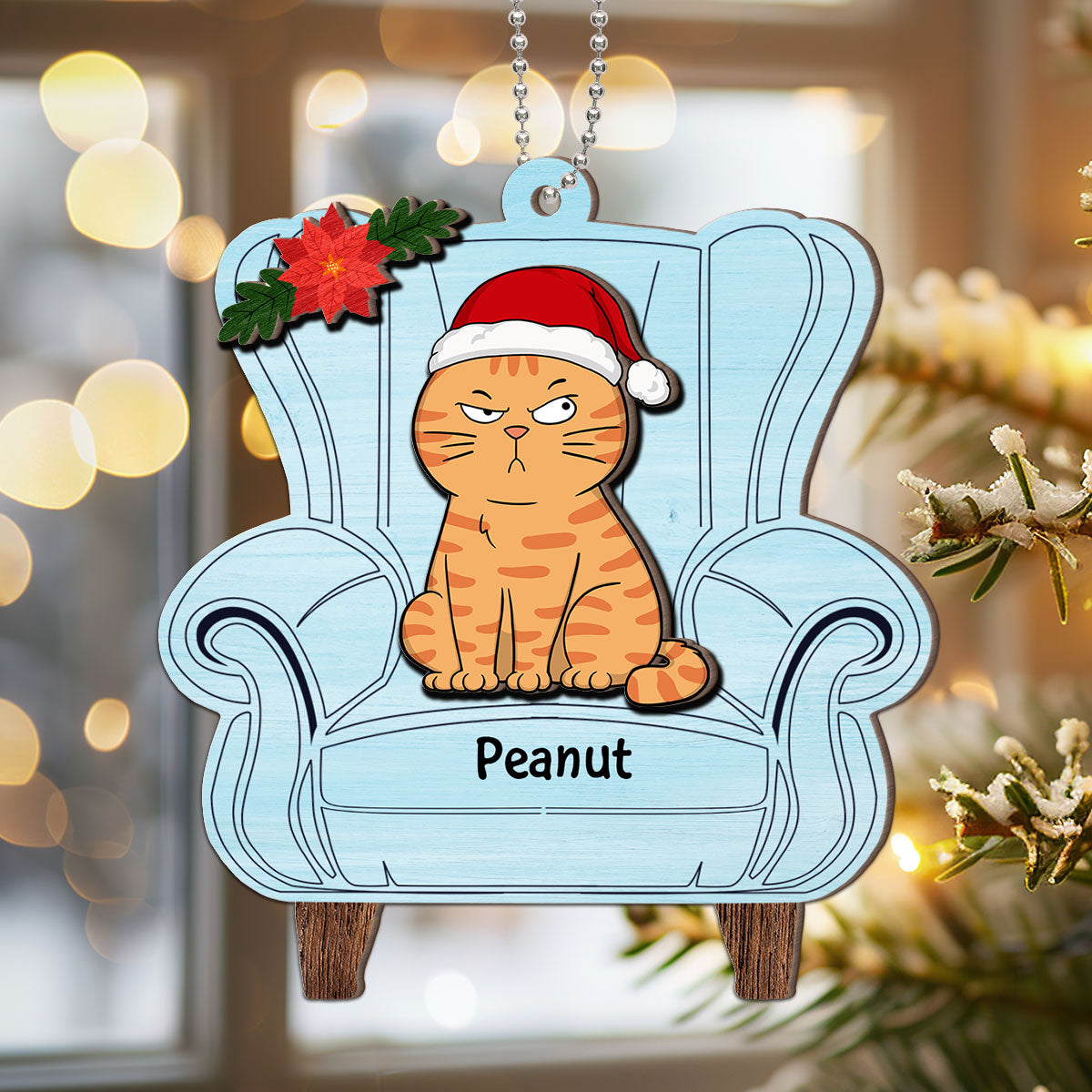 Christmas Cats On Chair Personalized 2-Layer Wooden Ornament