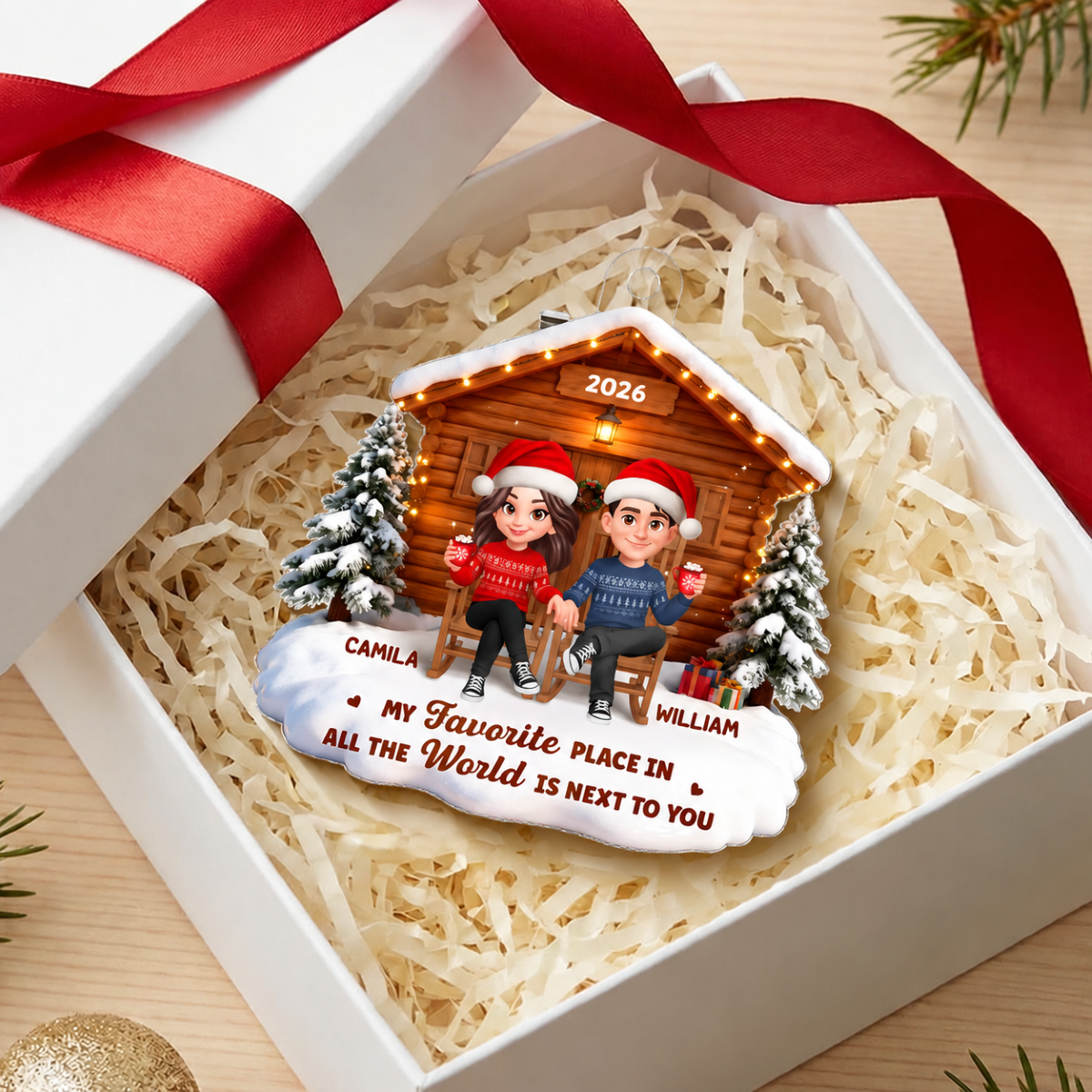 3D Effect Couple Cabin - Personalized Acrylic Car Hanger - Heartfelt Gift For Couple, For Him, For Her