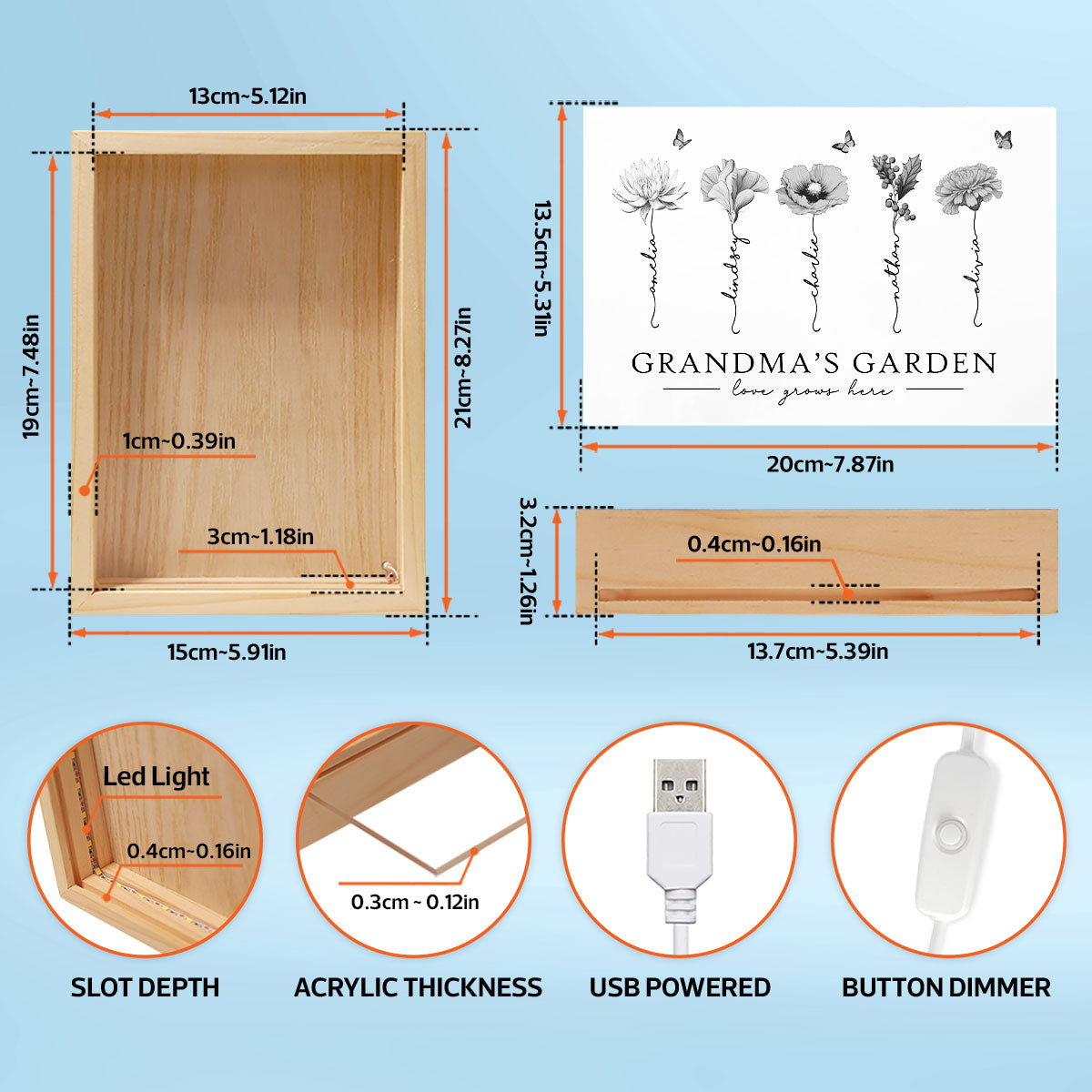Grandma‘s Garden Love Grows Here Unique Gift For Mom Grandma Personalized Luminous Frame Light Box