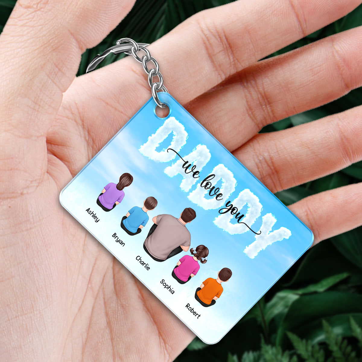 Blue Cloud Back View Dad And Kids Dogs Cats Sitting Personalized Acrylic Keychain
