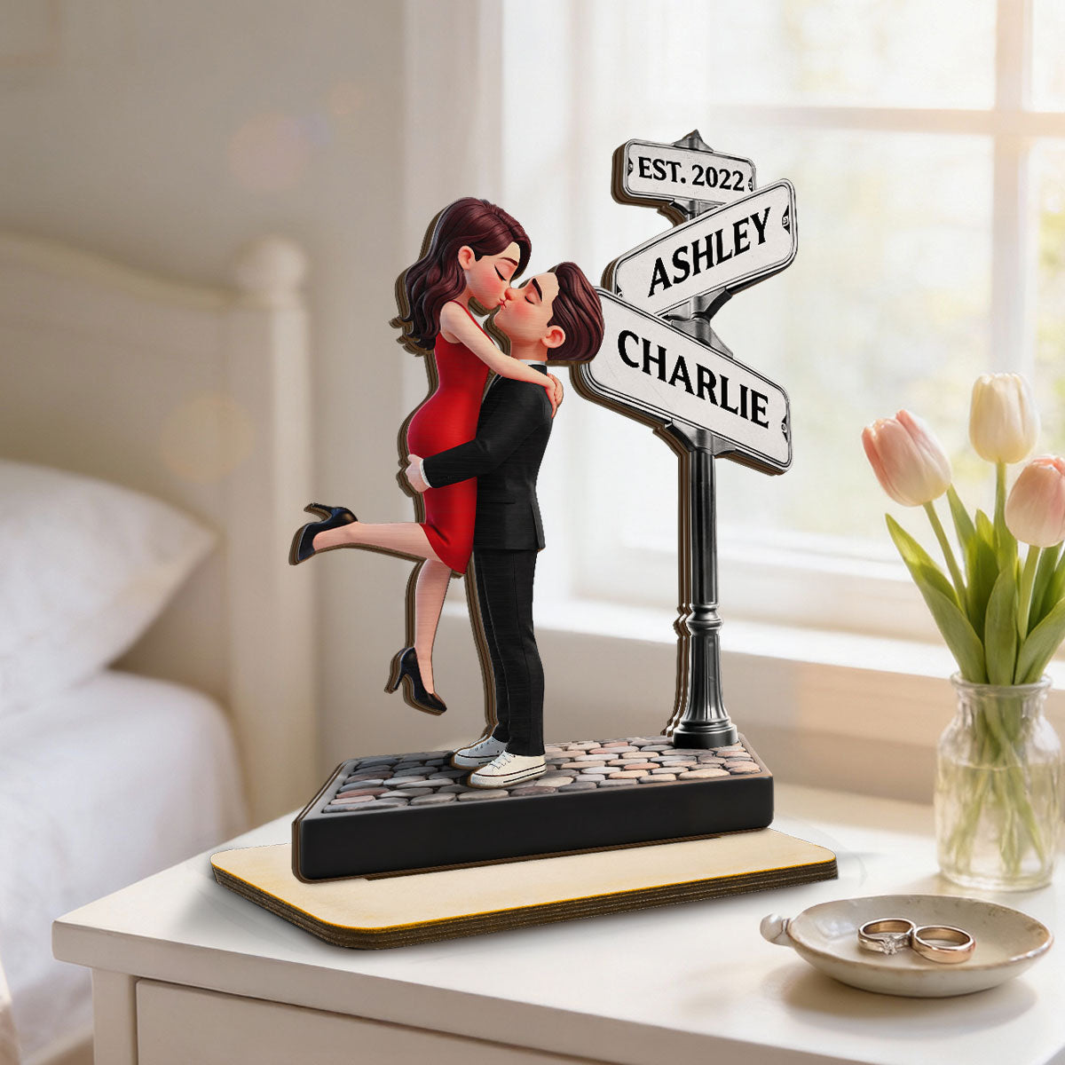 Eternal Love Romantic Couple Hugging Kissing Street Sign - Personalized 2-Layered Wooden Plaque - Heartfelt Valentine's Day Gift For Couple