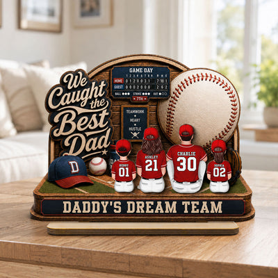 Baseball Things Dad & Kids Back View Sitting 2D Flat - Personalized 2-Layered Wooden Plaque - Happy Father's Day For Baseball Dad