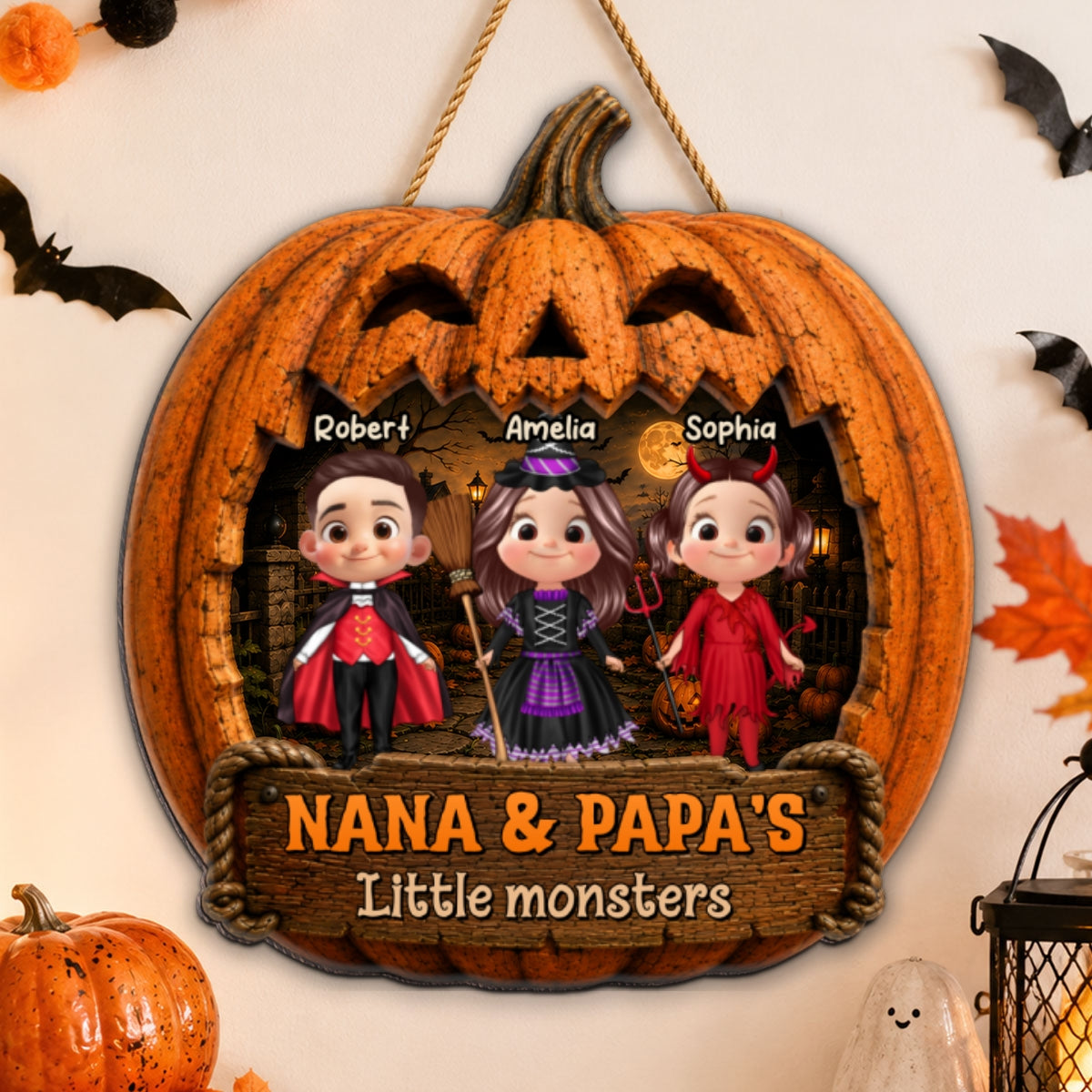 Grandpa & Grandma's Little Monsters - Personalized Wood Sign - Halloween Decor For Grandparents
