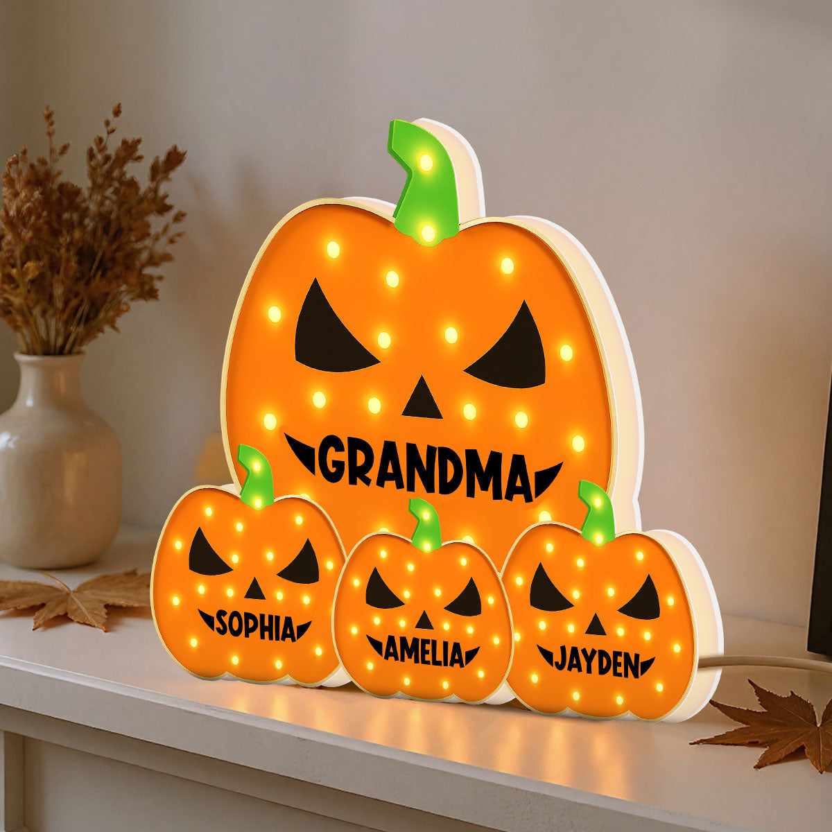 3D Effect Marquee Pattern Halloween Grandma And Grandkids Pumpkins - Personalized Light Box - Gift For Grandmas