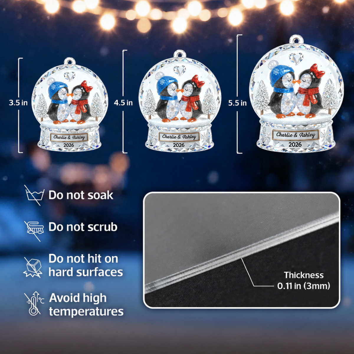 Penguin Couple 3D Crystal Effect - Personalized Acrylic Ornament - Christmas Gift for him, Gift for her