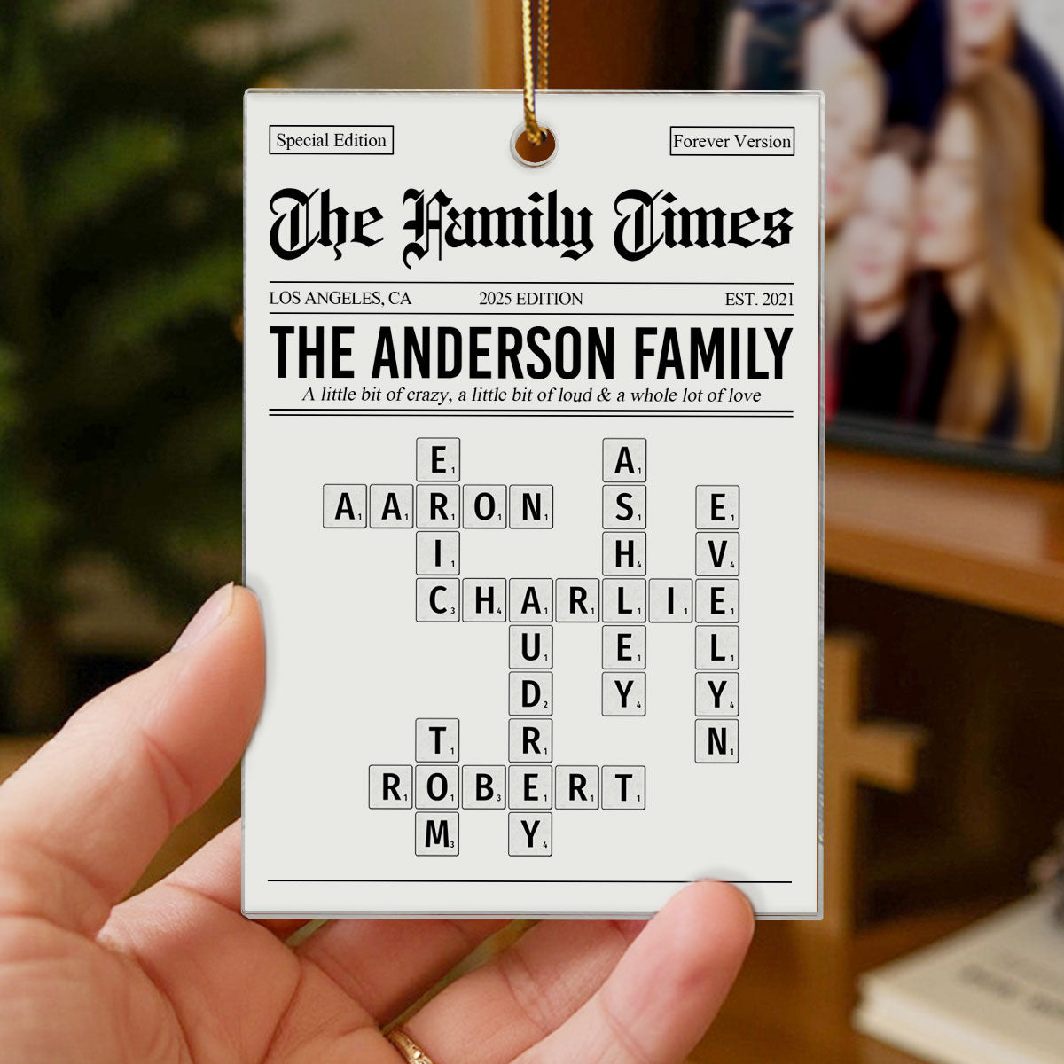 The Family Times Crossword Puzzle Newspaper Style - Personalized Acrylic Ornament - Christmas Keepsake Gift For Family