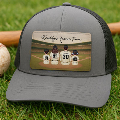 Retro Vintage Baseball Daddy's Dream Team Personalized Leather Patch Hat, Gift For Dad