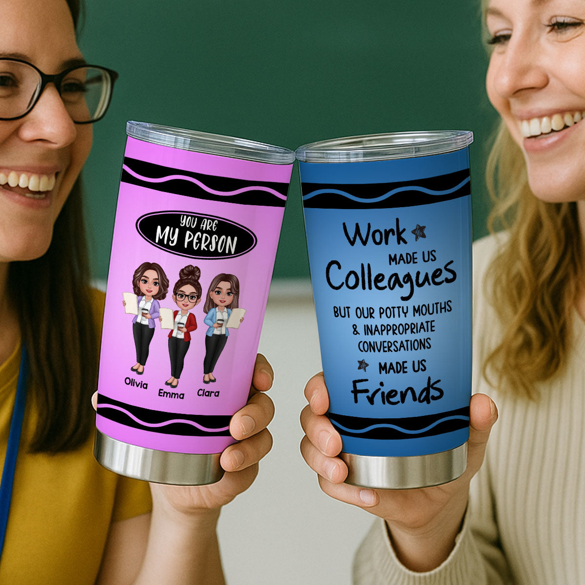 Teacher Besties Colleagues Crayon Personalized Tumbler, Back To School Gift For Besties Teacher