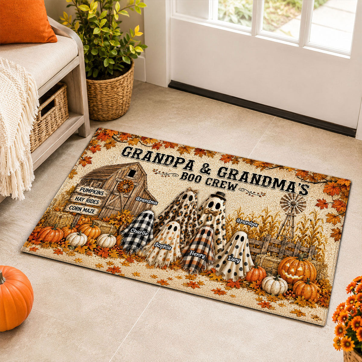 Halloween Rustic Barnhouse Grandpa & Grandma's Boo Crew - Personalized Doormat - Halloween Decor For Grandparents