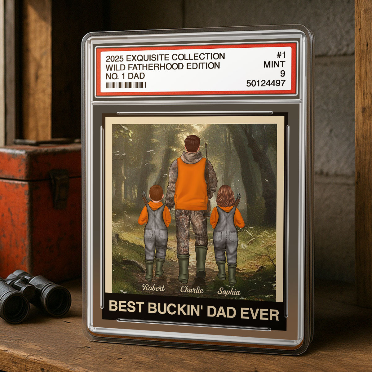 Hunting Grandpa Dad Man & Kids Trading Card Style Personalized Acrylic Block Plaque