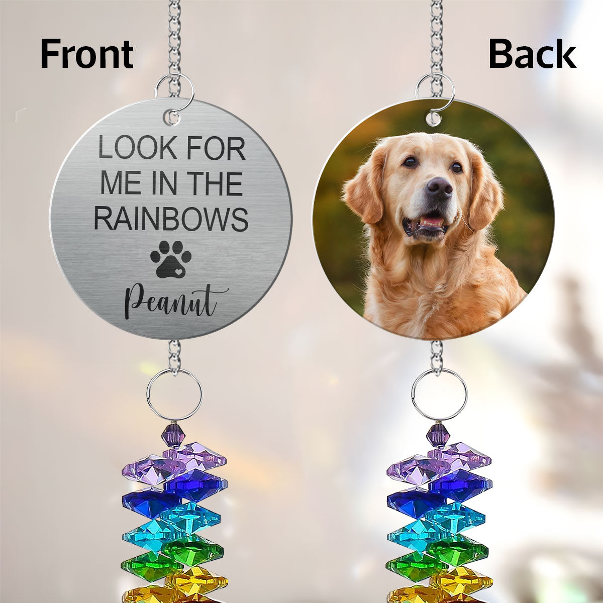Pet Dog Cat Memorial Look For Me In The Rainbows Upload Photo Personalized Crystal Suncatcher With Aluminum Charm