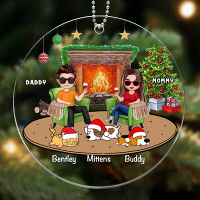 Doll Couple And Dogs Cats Personalized Christmas Acrylic Ornament