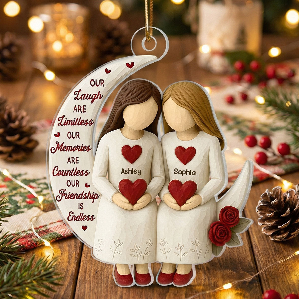 3D Effect Roses Besties On Moon - Personalized Wooden Ornament - Christmas Gift For Best Friends