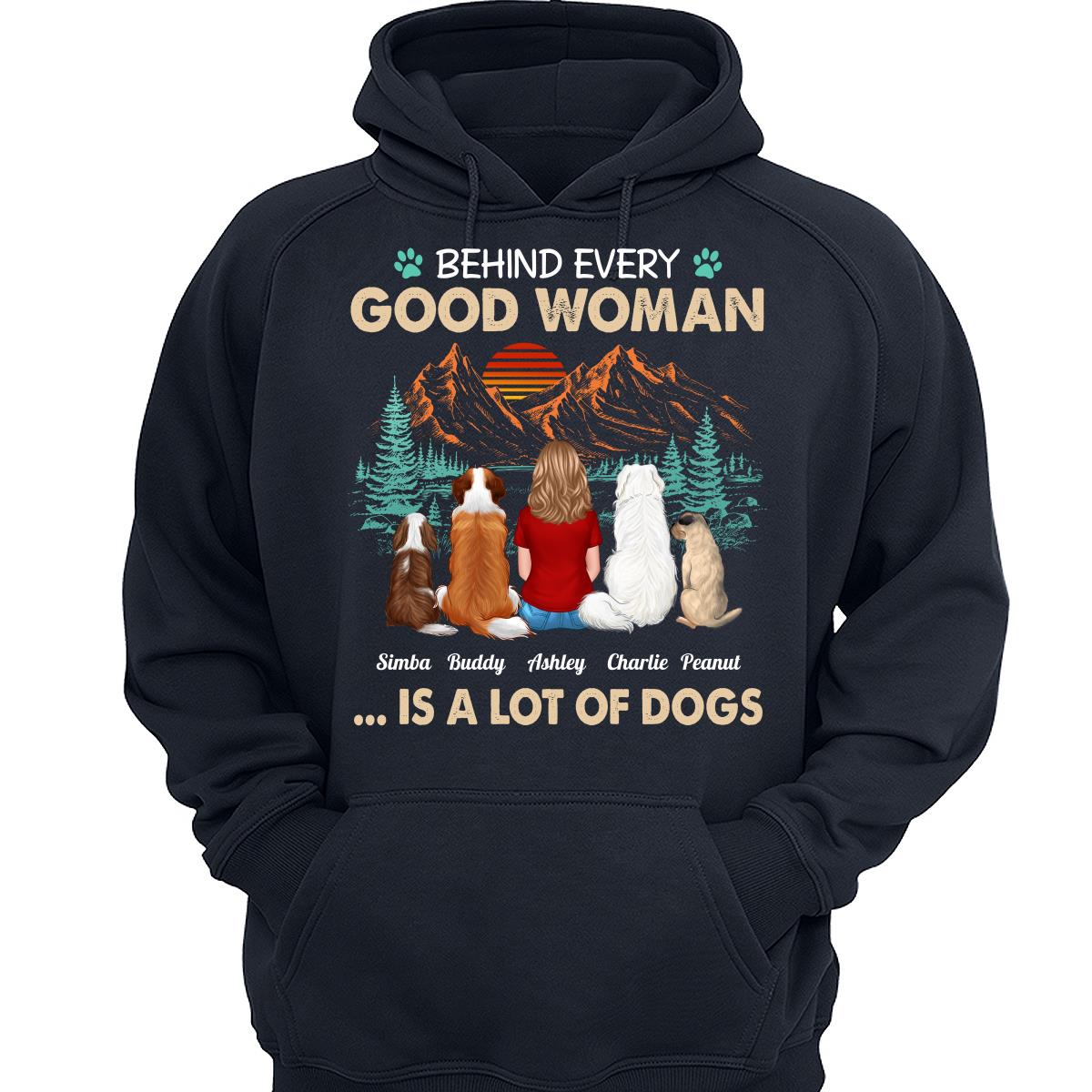 Behind Good Woman Is A Lot Of Dogs Back View Woman Sitting With Dogs Retro Pine Forest Personalized Shirt