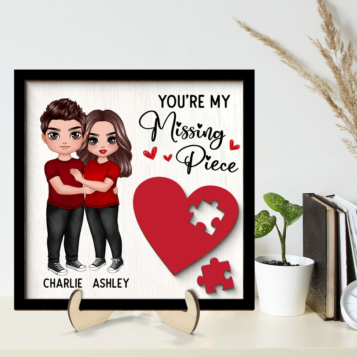 Standing Hugging Couple Missing Piece Red Heart Valentine‘s Day Gift For Her Gift For Him Personalized 2-Layer Wooden Plaque