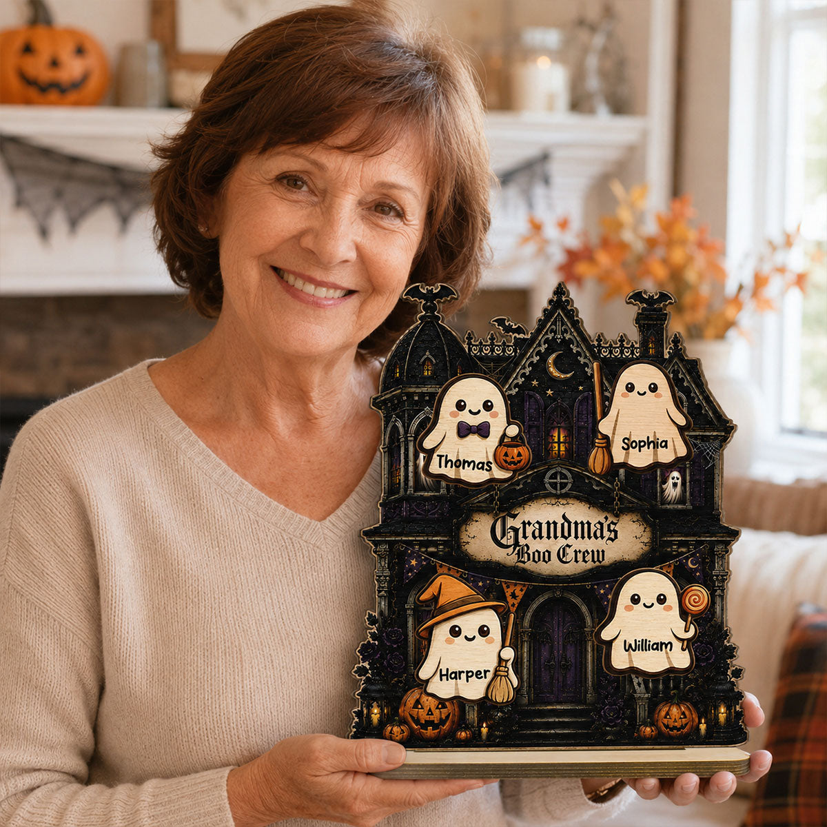 Grandma's Boo Crew Haunted House - Personalized 2-Layered Wooden Plaque - Halloween Decor For Grandma