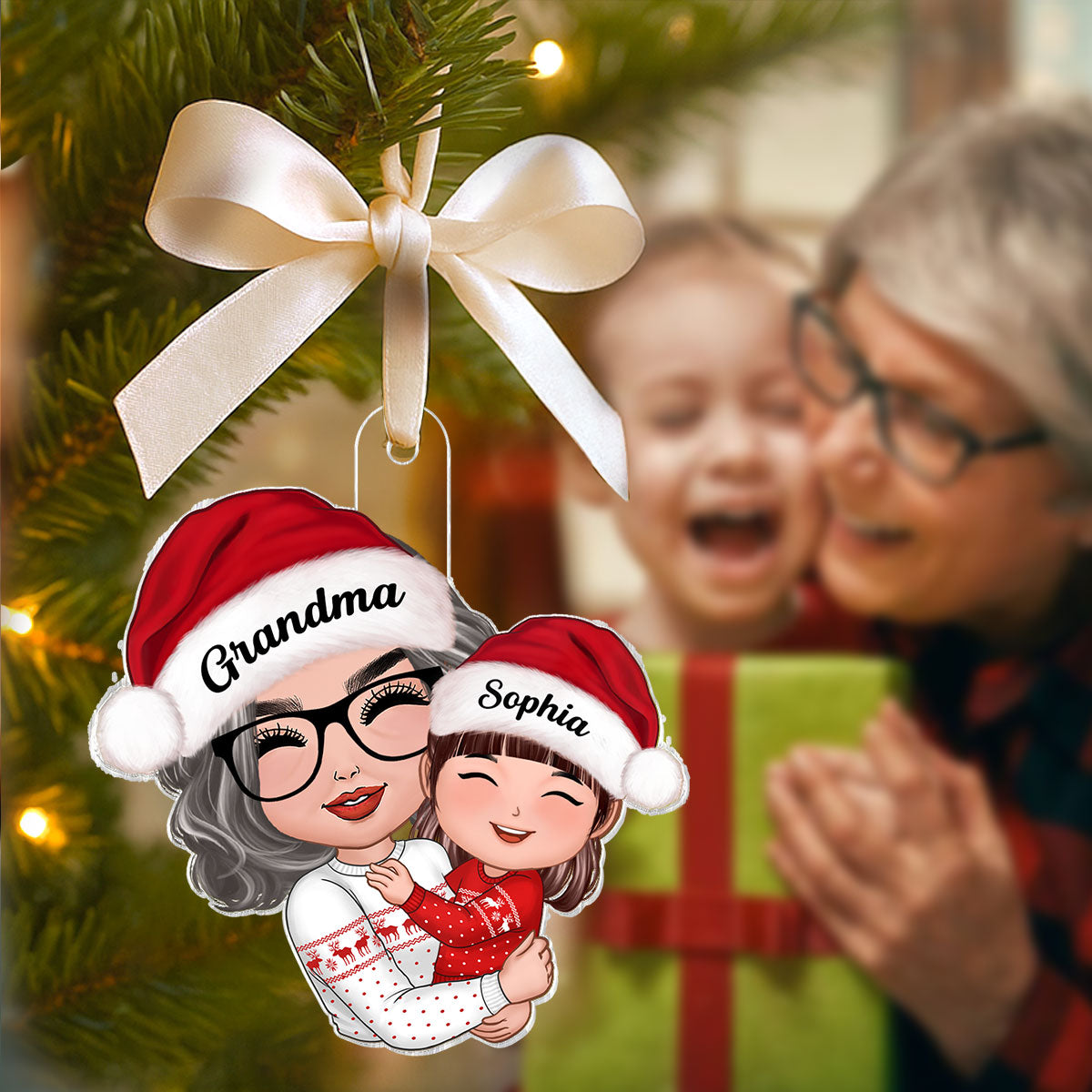 Doll Grandma Hugging Kid - Personalized Acrylic Ornament - Gift For Granddaughter, Grandson, Grandma