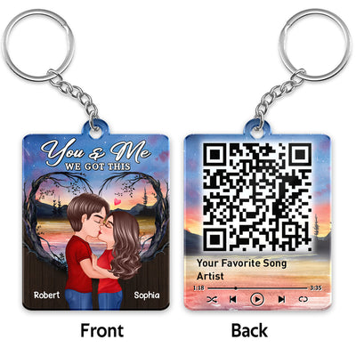 Doll Couple Kissing Sunset Tree Arch Favorite Song QR Code Personalized Acrylic Keychain