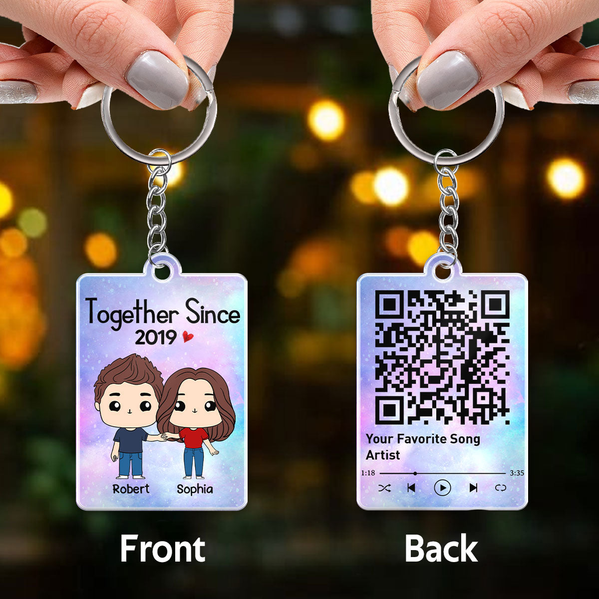 Chibi Couple Square Face Together Since Favorite Song QR Code Personalized Acrylic Keychain