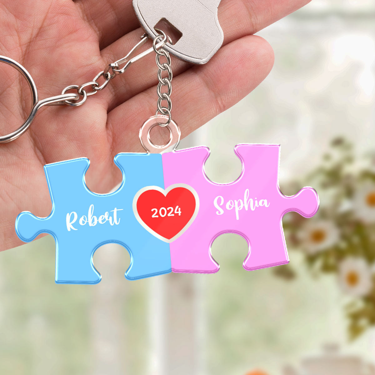 Love Is The Piece That Holds Us Together Acrylic Keychain, Personalize Couple Puzzle Name Sign,  Gift For Him, For Her, Wedding Gift