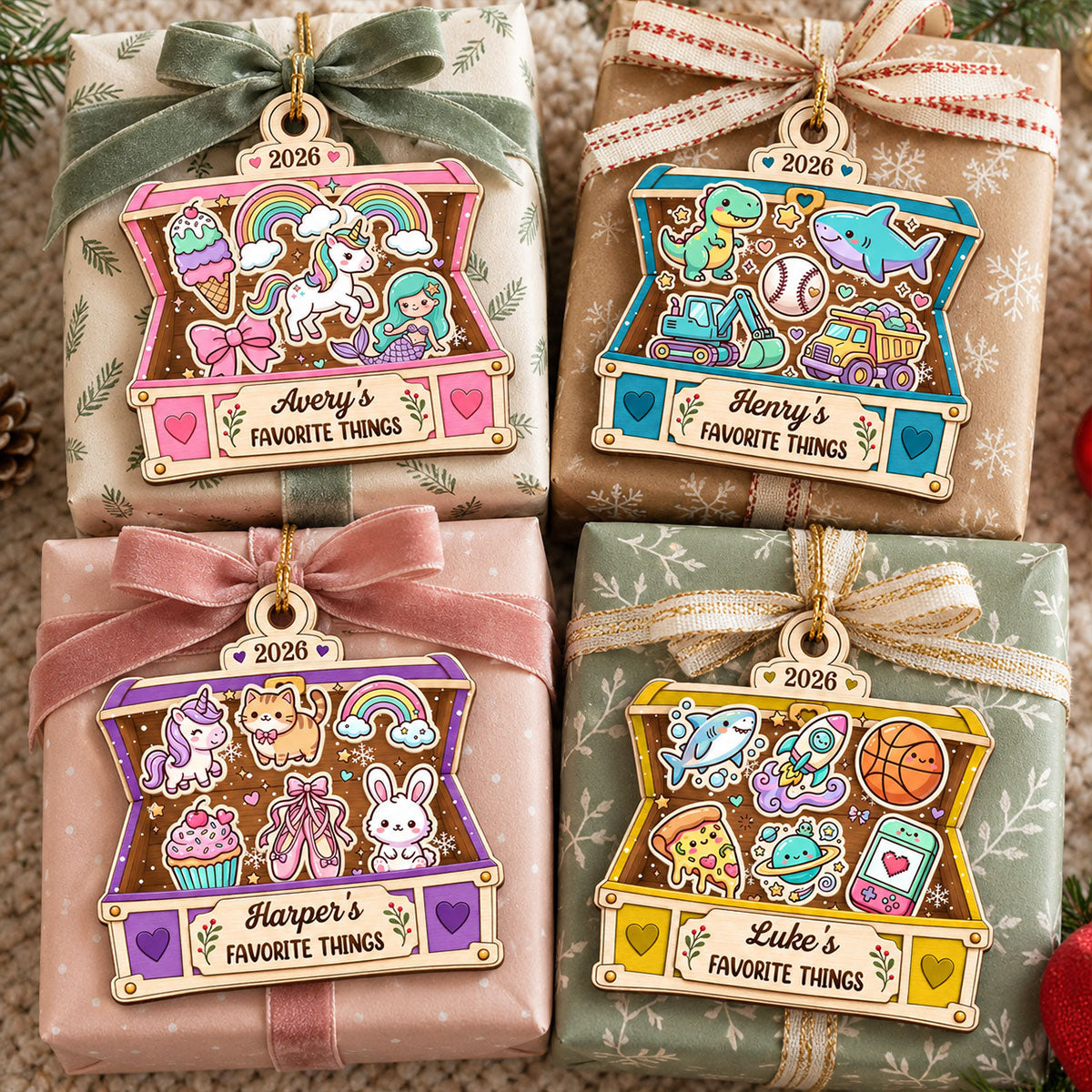 Kid's Favorite Things Treasure Chest 2D Flat Printed - Personalized Wooden Ornament - Custom Name & Favorite Things Keepsake Gift for Kids