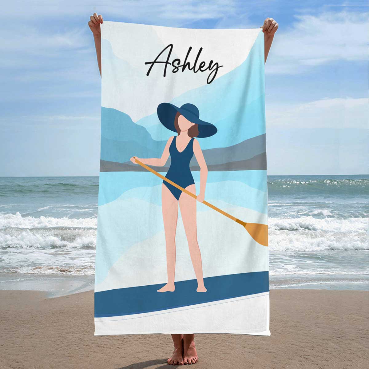 Woman Paddle Boarding Summer Gift Personalized Beach Towel