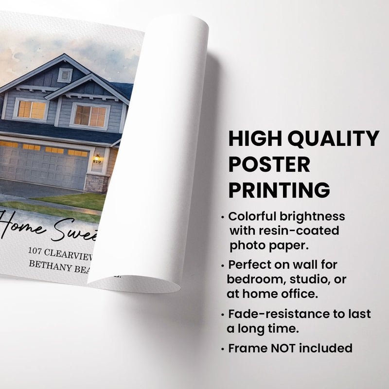 House Watercolor Portrait From Photo Personalized Poster, Housewarming Gift, Home Sweet Home, Our First Home Sign