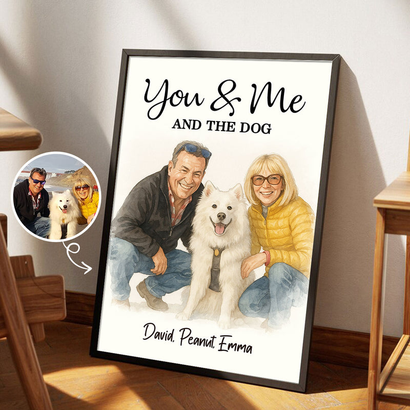 You & Me and the Dogs Couple Personalized Poster, Watercolor Portrait from Photo, Gift for Dog Cat Lovers