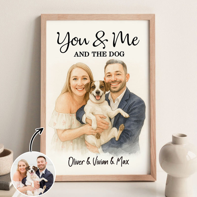 You & Me and the Dogs Couple Personalized Poster, Watercolor Portrait from Photo, Gift for Dog Cat Lovers