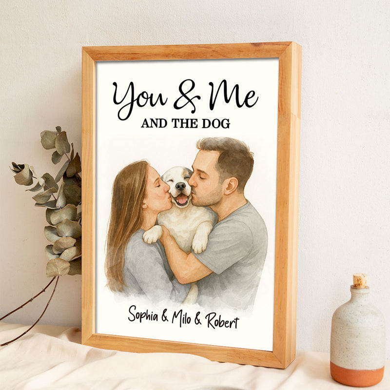 You & Me and the Dogs Couple Personalized Poster, Watercolor Portrait from Photo, Gift for Dog Cat Lovers